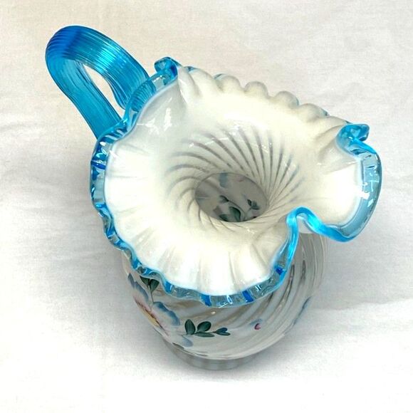 Fenton 90th Spiral French Opal Pitcher Blue Handle Ruffle Rim Poppy Art Glass - Picture 4 of 10